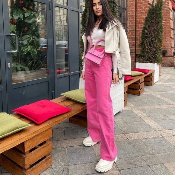 Zara Hi-Rise Wide Leg Pink Full Length Jeans - Picture 3 of 6